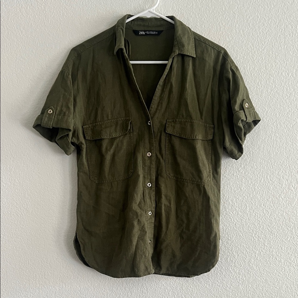 Zara Women’s Olive Green Casual Button Down Shirt